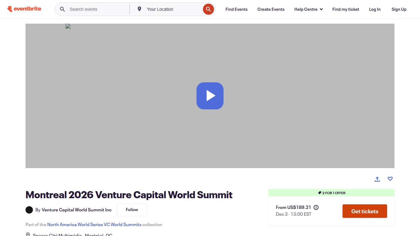 Montreal 2026 Venture Capital World Summit Tickets, Thu, 3 Dec 2026 at 13:00 Eventbrite